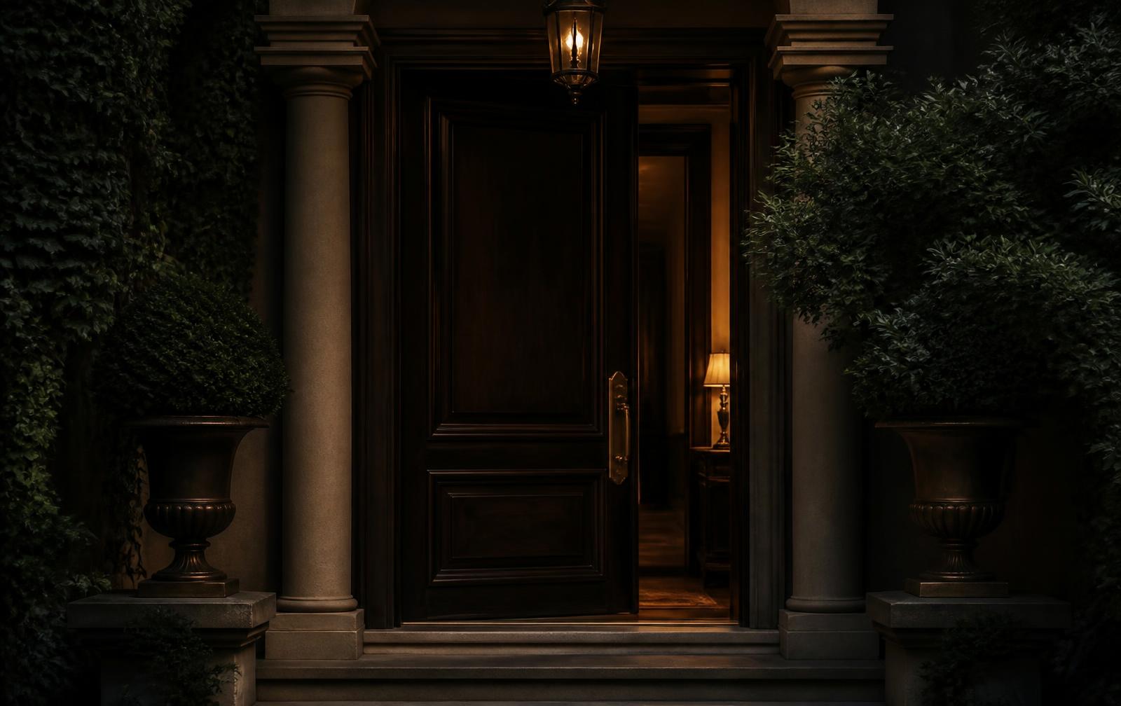 A lit doorway of a private Pretoria home at dusk